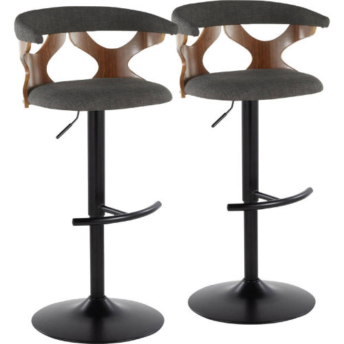 Gardenia Adjustable Swivel Bar Stool in Black Metal, Walnut Wood & Charcoal Fabric (Set of 2)